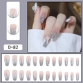 Pink grey gradient press-on nails with 3D camellia flowers and diamond chain detail - Pink Grey Gradient 3D Rose Row Diamond Style (D-82) / 24 Pcs/Set