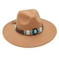 Close-up of camel wool fedora hat with ethnic turquoise beads and decorative wooden trim - One Size / Camel (Camel 9.5cm [Bead Band])