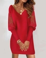 Detail of red V-neck dress featuring delicate lace stitching on long sleeves and slim fit - S / Red