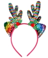 Pink Christmas reindeer antler headband with colorful sequins and holly berry decor - Colorful Sequin Antlers