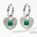 Silver heart pendant earrings with emerald green stone and radial texture detail - Platinum Green (PDE818)