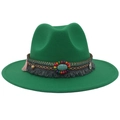 Close-up of emerald green felt cowboy hat with ethnic beads, turquoise and tassels - Grass Green (Ethnic Decorative Band)