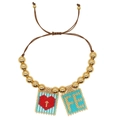 Bohemian bead bracelet featuring red heart and blue geometric charms with golden beads - Heart Evil Eye Double Pendant Gold Beads (MI-B23030319B)