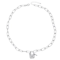 Silver paperclip chain necklace with key and padlock pendants featuring micro-set zircon - Silver