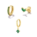 Three-piece gold-plated brass earring set with emerald green gems and floral motifs - Gold Flower Leaf Green Gem 3-Piece Set (#52)