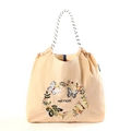 Beige nylon tote bag with butterfly embroidery and woven cord handles in a minimalist style - Beige Butterfly Wreath