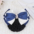 Barrette à nœud bleu marine à pois, strass et filet à cheveux noir élégant - Feuille de saule beige + Bleu à pois