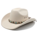 Classic cream felt western cowboy hat with turquoise beaded band and wide curved brim - M (56-58cm) / Beige