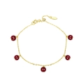 Adjustable 18K gold plated silver bracelet with five deep red spherical gemstone beads - 14K Gold Plated Dark Red Ball Bead Bracelet 1.8g