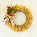 Christmas burlap wreath with LED lights, pine cones, and red berries, 37x37x3cm size - Mesh Gauze Wreath