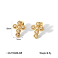 Detailed view of gold plated cross stud earrings with white rhinestones and dimensions - Gold White Zirconia Cross Stud Style (HC-E10082-WT)
