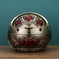 Vintage bronze round ashtray with lid featuring embossed red rose floral pattern - Bronze Red Flower Relief