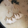Detailed shot of bohemian tassel earrings featuring white woven cotton and gold beads - 4# Ear Hook - Gold - White (Cotton Tassel)