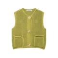 Gilet en maille jaune-vert rétro avec boutons et poches avant dans un style sans manches - S / Vert olive