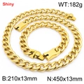 Shiny golden stainless steel NK chain necklace and bracelet set with 13mm square buckle - Style B (Magnetic Clasp) / 13mm Width / Bracelet 21cm + Necklace 45cm / Gold