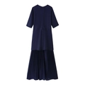 Detail of dark blue knit stitching and fine pleated skirt hem on short sleeve dress - Navy Blue