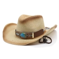 Straw cowboy sun hat with ethnic bohemian band and turquoise stone on white background - M(56-58cm) / Wheat Straw Bohemian Style (4)