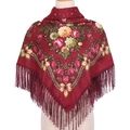 Detail of red floral ethnic scarf with fringe on a beige mannequin, 90x90cm square wrap - Burgundy
