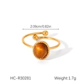 Detailansicht eines ovalen Tigerauges in goldener Edelstahlfassung mit Zahnradrand - Zahnradkanten-Stil(HC-R30281)