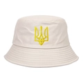 Off-white cotton bucket hat featuring a bright yellow Ukraine trident embroidery design - Beige