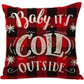 Linen Christmas pillowcase featuring red black plaid and Baby It's Cold Outside text - A15