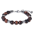 Close-up of 8mm tiger eye beads and stainless steel clasp on a men's beaded bracelet - Red Tiger Eye Bracelet