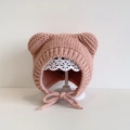 Pink baby knit hat with ear flaps, cute bear ears and secure chin straps for winter - Pink Small Ears - Not Lined