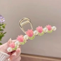 Large golden metal hair claw clip with pink tulip flowers and white pearls - Pink Tulip-YZAP45-24