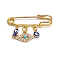 Gold-plated safety pin brooch with blue evil eye, turquoise fish and crystal charms - Pin with Blue Fish, Rhinestone Eye, and Blue Eye