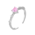 Macro shot of silver ring featuring pink heart zircon stone and side accent diamonds - Adjustable Open / Silver