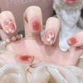 Zartrosa Ombré-Kunstnägel mit weißen Blumenmustern und blauen French-Nagelspitzen - Französisch Blush Blume (Kleber-Typ)(Y-127)