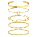 5-teiliges vergoldetes Armband-Set mit Büroklammerkette und breiten Armreifen aus Messing - Gold (Knotenarmreif/Glatter Armreif/Feine Kette/Büroklammerkette/Perlenkette)
