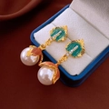 Vintage gold diamond flower earrings with green enamel and white pearls in a box - 20# Silver Needle - Gold - Fish Tail