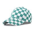 Detail view of cotton checkered baseball cap with mint green and white pattern - Adjustable / Green Checkerboard