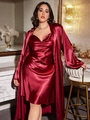 Plus size wine red satin nightgown and robe set with draped neckline in luxury setting - Solid Red