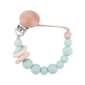 Mint green silicone beads baby pacifier clip with natural wooden rings and secure metal clasp - Light Green