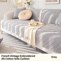 Gray quilted cotton sofa cover in vintage floral style with scalloped lace edge - 90*70cm / Gray