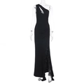 Detail of black one-shoulder dress showing elegant ruching and high side slit - S / Black