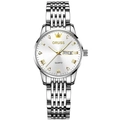 Silver stainless steel business quartz watch with white dial and day-date display window - Silver Gold Band White Dial