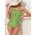 Bañador reductor de cuello halter en color verde lima vibrante con detalles fruncidos - S / Verde