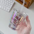 Iridescent ripple glass cup with straw and lid in a premium colorful rainbow finish - Iridescent Striped Bamboo Cup (With Lid + Straw)
