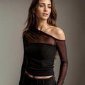 Top elegante de malla negra para mujer con diseño sexy de hombros descubiertos - S / Negro