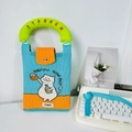 Close-up of knit tote bag with cartoon cat holding beer mug and bold green handle - Blue Orange Cat (Handle + Strap)