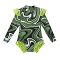 Girls long-sleeve one-piece swimsuit with green marble print and ruffled edges - 104 / Water Wave