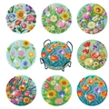 DIY floral diamond painting coasters set with 8 round flower patterns and metal holder - Floral Series Style