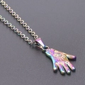 Iridescent Hamsa Hand necklace with Evil Eye pendant in polished stainless steel - Rainbow Color Necklace