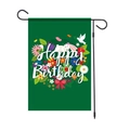 Green birthday garden flag with floral rabbit design on black metal hanger stand - Floral & Animal Theme