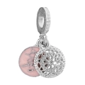 Pink enamel and silver hollow heart charm pendant with Life script for DIY bracelets - Life Pink Double Disc Charm (033)