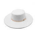 Elegant white flat top wool felt boater hat with a slim gold buckle band and 10cm wide brim - M(56-58cm) / White