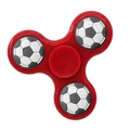 Three-arm red plastic fidget spinner toy featuring soccer ball patterns on each blade - Classic Red Soccer Pattern